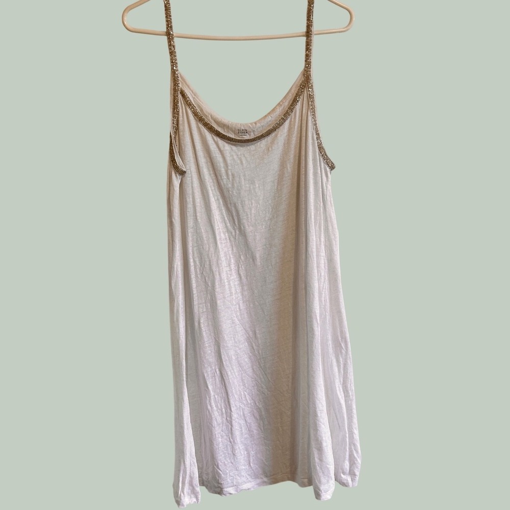 Eileen Fisher Linen Dress M White Beaded‎ Trim Slub Knit